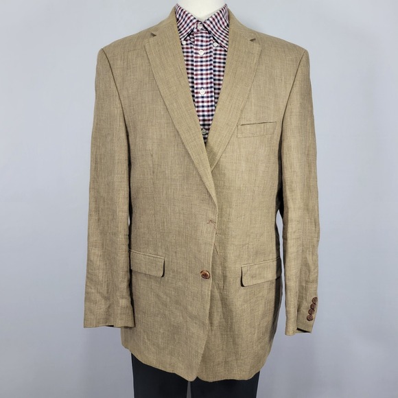Lauren Ralph Lauren Men's Sport Coat Blazer Two Button Tan Beige‎ 100% Linen 46L - Picture 1 of 12